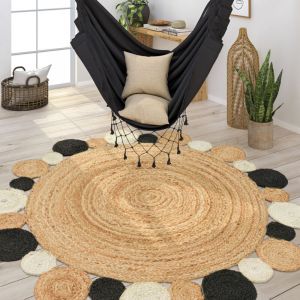 Paco Home - Tapis Rond Salon Jute Motif Ethnique Boho Moderne Fait Main Tapis Naturel ø 200 cm rond, Noir 2