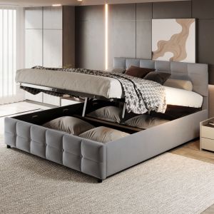 Lit coffre 180x200cm - lit double avec sommier à lattes et tête de lit - tissu velours hollandais gris