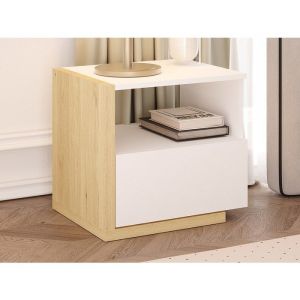 Table de chevet scandinave - 1 tiroir et 1 niche - Blanc et naturel - NAPOLI II