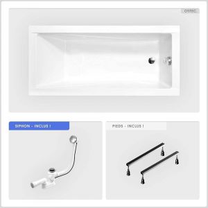 Baignoire rectangulaire - 170 x 70 cm - sans Habillage - avec Pieds - Vidage Chrome - MODERN