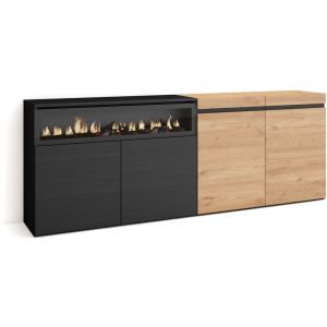 Buffet salon et cuisine, Meuble de Rangement, Commode, 200x75x35cm, 4 Portes, Chemin&eacute;e &eacute;lectrique, Style moderne, Ch&ecirc;ne et noir - Skraut Home
