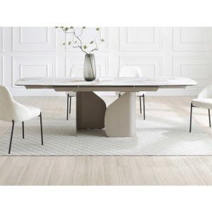 Table &agrave; manger extensible 6 &agrave; 10 personnes en c&eacute;ramique, verre tremp&eacute; et m&eacute;tal taupe - Effet marbre blanc - CAMUVO de Maison C&eacute;phy
