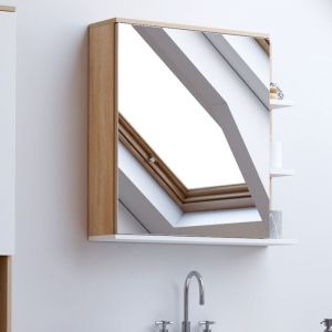 Idmarket Meuble de rangement suspendu avec miroir et étagères pour salle de bain TOMI façon hêtre et blanc