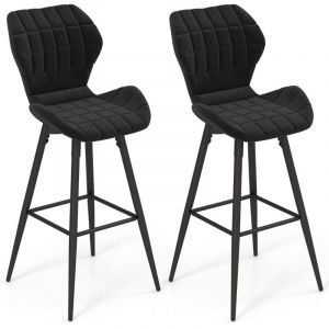 Image de Lot de 2 chaises tabourets de bar chaises hautes rembourr&eacute;es repose-pieds chaises de cuisine moderne en m&eacute;tal noir