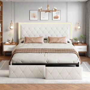 Lit double TANANT 160x200 cm - 4 tiroirs - LED int&eacute;gr&eacute;e - Tissu PU - Beige