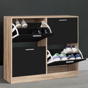 Idmarket Meuble à chaussures KLARK horizontal imitation hêtre 4 portes noires