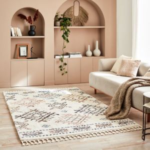 Nazar Tapis de salon rectangulaire - 200x290cm - berbere shaggy a frange a motif ethnique RUGS - DELYA 3111 - Creme - blanc