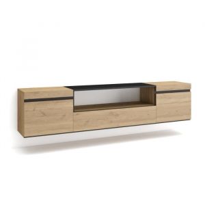 Meuble tv, Banc Télé, Grand espace de Rangement, 200x45x35cm, Pour les tv jusqu'à 80', Suspendu, Mural, Style moderne, Chêne et noir - Skraut Home