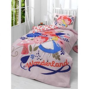 Disney Home Alice au pays des merveilles Parure de lit r&eacute;versible double face, 100 % coton, taille simple, 2 pi&egrave;ces, 135 x 200 cm + 50 x 70 cm