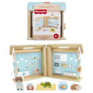 Fisher-Price Clinique V&eacute;t&eacute;rinaire en Bois &agrave; Emporter, Jeu d&rsquo;Imitation de 6 pi&egrave;ces avec Animaux en Bois, Parfait pour Jouer en Voyage, pour Enfants &agrave; partir de 3 Ans, JFG07