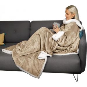 Couverture polaire, plaid intégral avec manches et poche 140 x 210 cm - Sherpa et flanelle - Adulte - Beige - Vivezen