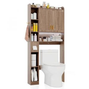 COSTWAY Meuble WC au-Dessus des Toilettes avec LED,2 Portes & 6 Compartiments Ouverts, Porte-Papier, &Eacute;tag&egrave;re R&eacute;glable, Blanc