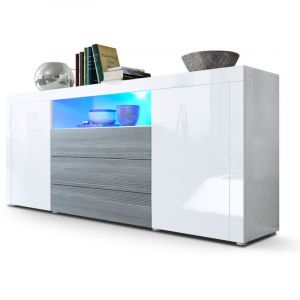 Vladon - Buffet Commode Dressoir Crédence Santiago Blanc - Façades en coloris divers - Blanc haute brillance / Avola-Anthracite avec éclairage led