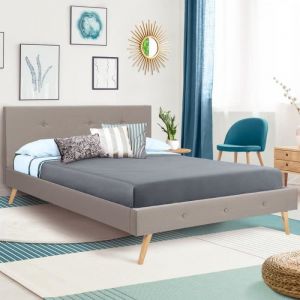 Idmarket Lit double scandinave OSLO 140 x 190 CM tissu beige effet lin