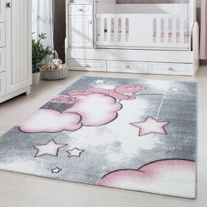 Carpetsale24 Tapis de Chambre pour Bébé et Enfant motif ours nuage et étoile couleur rose gris et blanc 140x200 cm