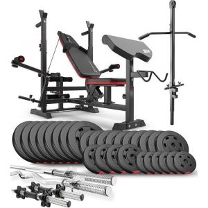 Hop-Sport Ensemble d'haltères 165 kg et Banc de Musculation Multifonction HS-1075, Pupitre de Biceps, Papillon, Poulie haute, Set de disques de poids en plastique 31 mm, Kit de Barres d'haltères