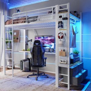 Lit mezzanine 90 x 200 cm - avec bureau + étendoir à linge - 4 tiroirs - prises USB + TYPE-C - avec LED - avec échelle de sécurité - blanc (sans