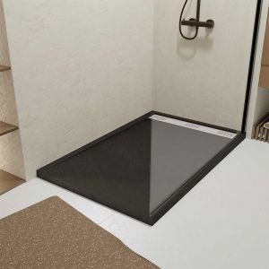 Aurlane Receveur en acrylique Noir Effet Pierre 90x140x5 cm + Grilles Linéaires Chrome et Blanche Mate