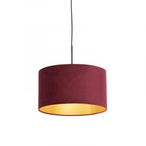Qazqa Suspension noire avec abat-jour en velours rouge et or 35 cm - Combi