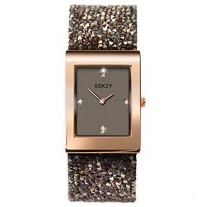 Seksy Montre pour femme avec cristaux Swarovski sur le bracelet Résistante à l'eau, ajustable Cadran or rose/gris.