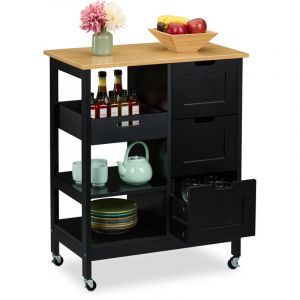 Relaxdays Desserte de Cuisine, &agrave; roulettes, 3 tiroirs spacieux, H x L x P : 85 x 68,5 x 38,5 cm, Noir et Nature