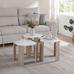 [en.casa] - Ensemble de 3 tables basses gigognes Rantasalmi blanc effet chêne