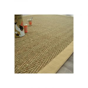 Décoweb Tapis Jonc de mer - Bihar fin chevron - Ganse coton beige - 250 x 350 cm