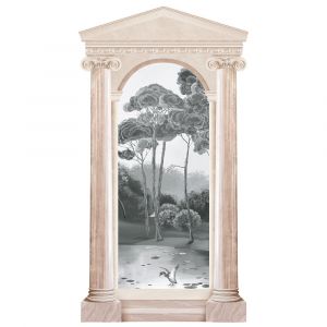 Plage Grand Décor Panoramique Découpé, arche antique, lac, noir et blanc, nature, forêt, canard