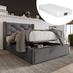 Lit coffre 90x200 cm Lit coffre capitonné avec tête de lit capitonné et sommier à lattes en métal, en coton, gris, matelas inclus