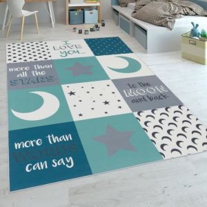 Paco Home Tapis Chambre Enfant Garà§ons CÂurs Étoiles Lune Inscription Bleu Gris 180x280 cm