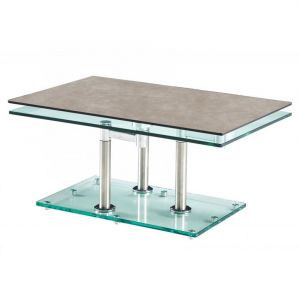 Table basse MATCH CERAMIQUE GREY 2 plateaux pivotants en verre piétement acier