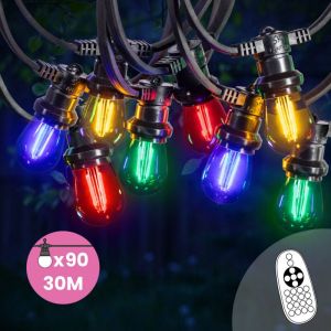 SkyLantern Guirlande Guinguette 30M 90 Bulbes Filament Rouge Bleu Jaune Vert Dimmables - Guirlande Lumineuse Ampoule E27 Multicolore