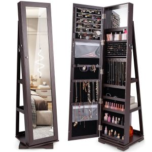 Coast Armoire à bijoux rotative à 360° avec miroir et serrure 39x39x161 cm Marron foncé