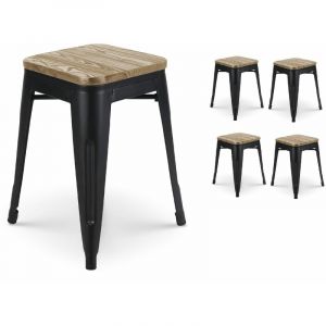 Image de Kosmi Lot de 4 tabourets en métal noir mat style industriel et assise en bois clair - Hauteur 46 cm