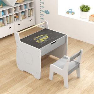 Giantex Table Enfant avec Chaise en Forme d'Eléphant, Table et Chaise en Bois, Blanc+Gris