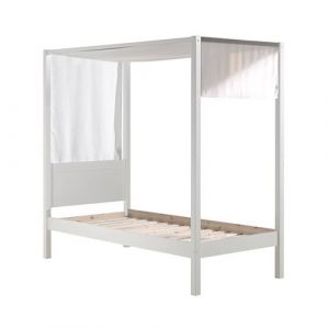 ALCOVE - Lit Baldaquin en Pin Laqu&eacute; Blanc 90x200cm avec Voilage Blanc - Altobuy
