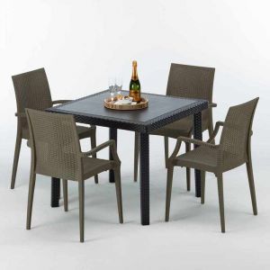 Grand Soleil Table carrée et 4 chaises Poly rotin resine bar bistrot cafè exterieur 90x90 noir | Bistrot Arm Marron Moka