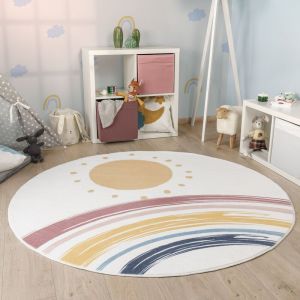 Tapis Rond Chambre Enfant Bebe Fille Garcon Arc-en-ciel Lavable En Machine Blanc, 160 cm rond - Paco Home