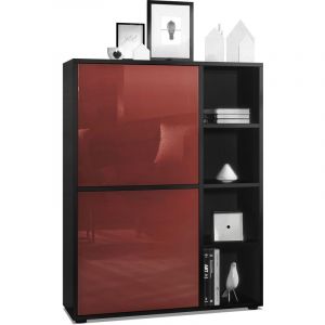 Buffet haut Armoire Cabinet Commode Cuba Noir mat - haute brillance - Portes en Bordeaux laqué haute brillance sans éclairage led - Portes en