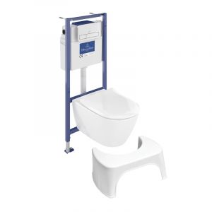 Villeroy & Boch Pack WC sans bride Subway 2.0 abattant frein de chute + bâti-support sol et mur+ plaque blanche + Tabouret blanc