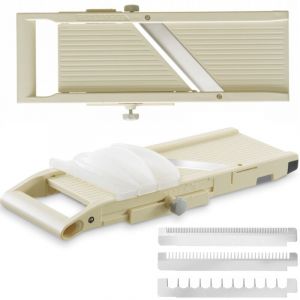 Hendi Mandoline japonaise Shōgun, trancheuse manuelle avec lame plate réglable (1-5mm) et 3 lames dentelées pour julienne (1/2/8mm), 380x158x(H)47mm, acier inoxydable, ABS, PP, beige