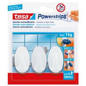 Tesa Cintre adh&eacute;sif m&eacute;nager r&eacute;utilisable petit ovale avec 4 bandes de plastique blanc Tape 3 Pcs 57533-00017-01
