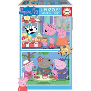 Educa Coffret de 2 Puzzles De 25 Pieces En Bois Peppa Le Cochon Au marche / Peppa Pig Dejeune Avec Sa Famille - Puzzle Enfant