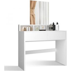 Miadomodo Coiffeuse Table de Maquillage - avec Miroir Lumineux, Tiroirs et Étagères Ouvertes, led Hollywood, Style Moderne, Blanc - Bureau de