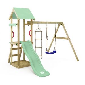 Wickey Tour de jeux en bois TinyCabin avec balançoire et toboggan, tour d'escalade avec bac à sable, échelle et accessoires de jeu – vert pastel