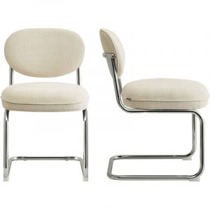 Lot de 2 chaises de salle &agrave; manger en tissu chenille beige, pi&egrave;tement chrom&eacute; - Lou