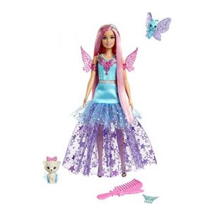 Mattel A Touch Of Magic Poupée Malibu Avec Cheveux Longs Colorés (18 Cm), Robe Avec Détails Ailés Et 2 Animaux Féeriques, Jouet Enfant, Dès 3 Ans, HLC32