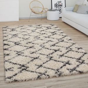 Paco Home - Tapis Shaggy Tapis De Salon Poil Long Moderne Boho Scandinave Motif Diamant 120 cm rond, Cr&egrave;me Anthracite 3