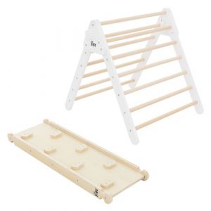 Joyz Structure d'Escalade avec Triangle à Grimper et Toboggan, Bois, Blanc-Naturel, Échelle à Grimper avec Rampe d'Escalade, pour Intérieur, Enfants à Partir de 1 An, Jouet Éducatif Montessori
