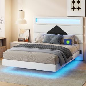 Lit double 140x190 avec lumi&egrave;res LED, cadre flottant, T&ecirc;te de lit avec motif losange et prise USB Type C, tissu en velours - blanc